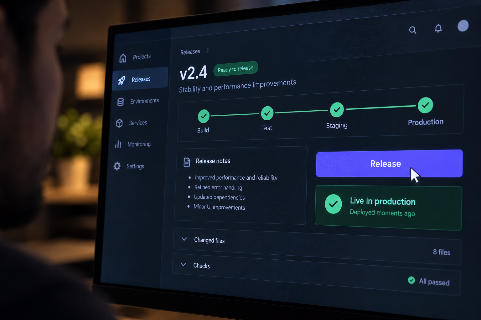 Software release dashboard showing a product live in production
